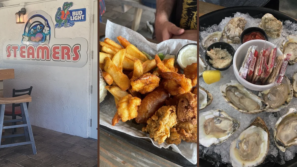 Seafood plates on a casual restaurant table.