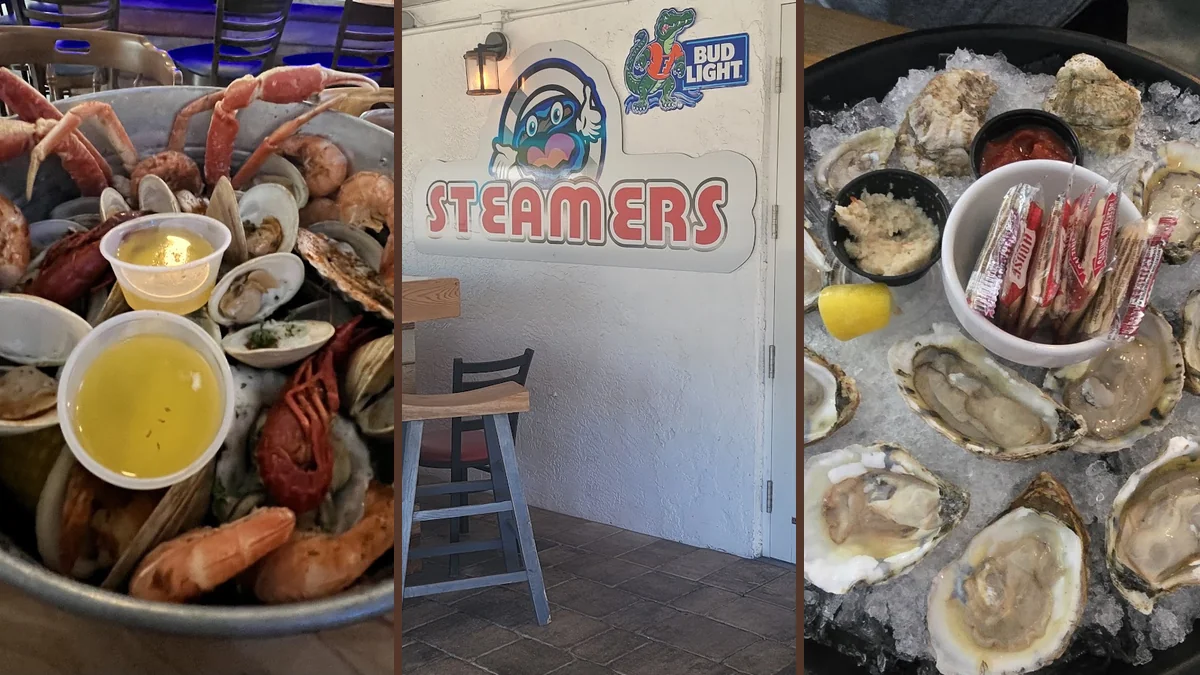 Seafood plates on a casual restaurant table.