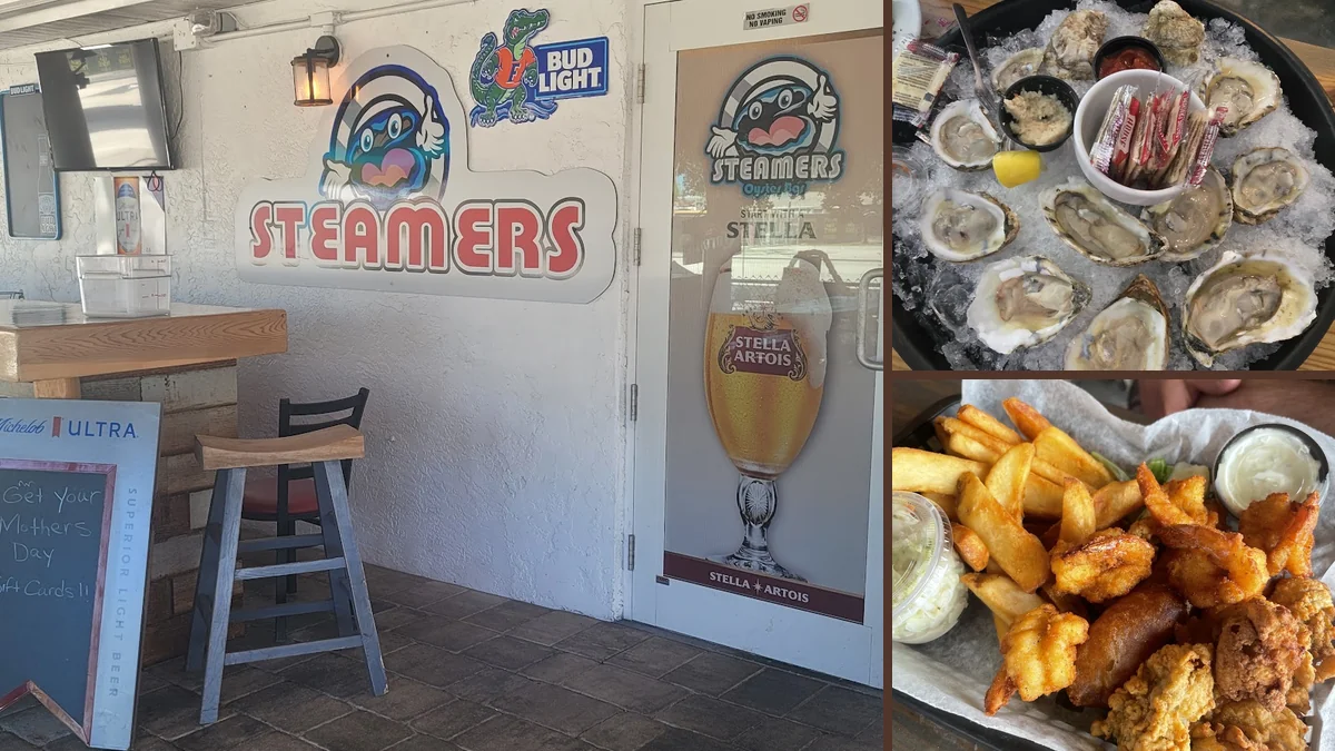 Seafood plates on a casual restaurant table.