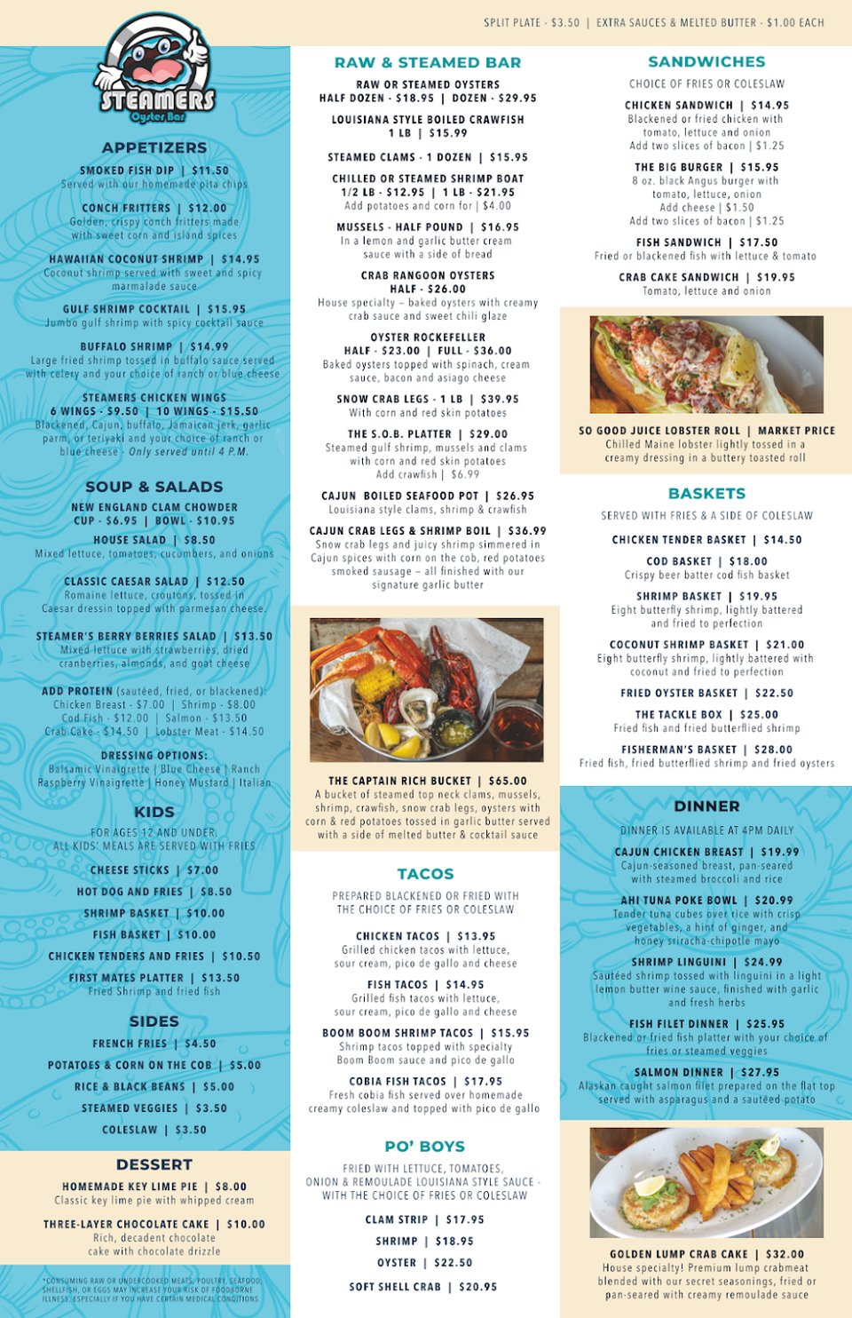 Printed seafood menu with appetizer section.