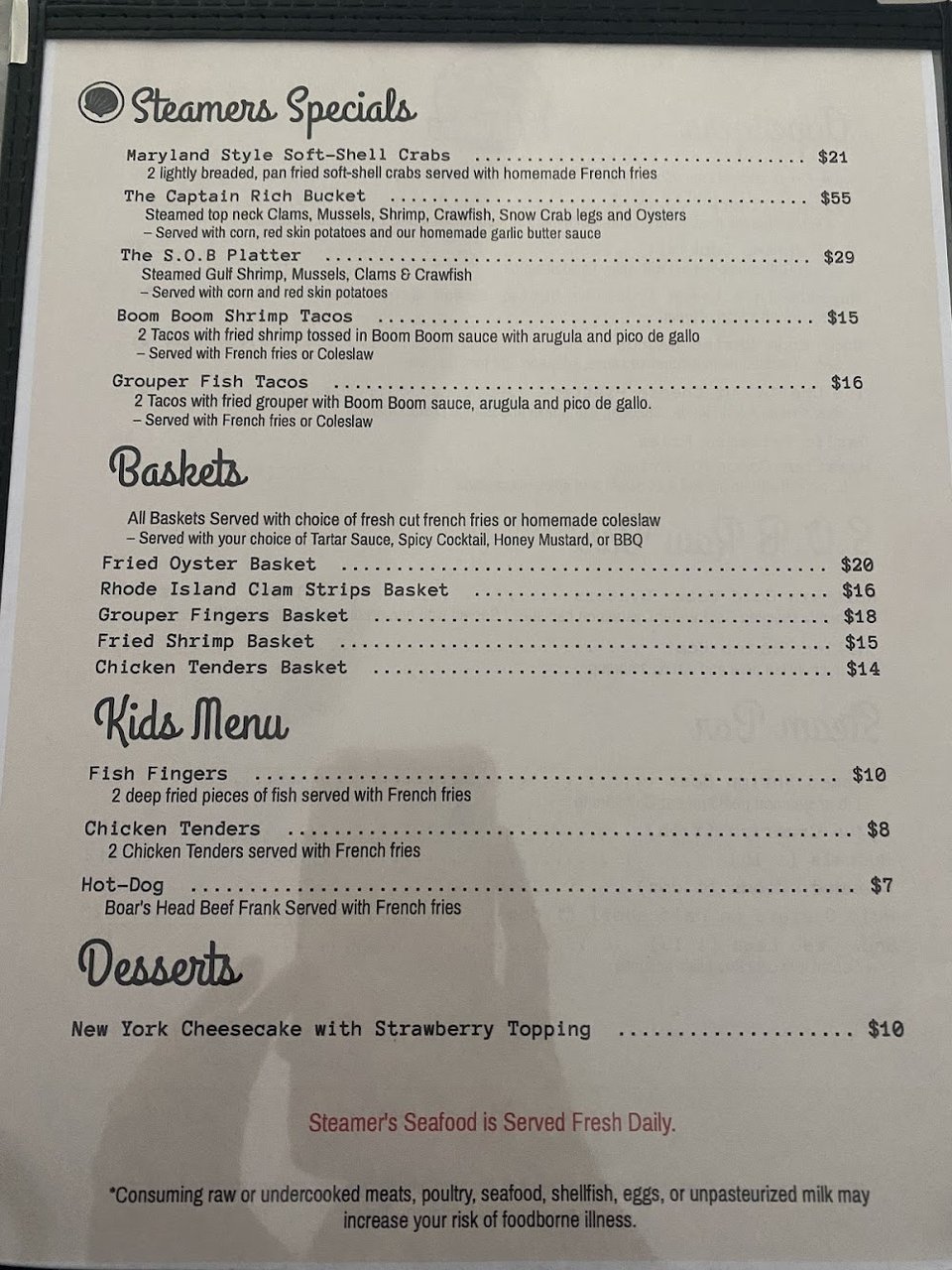 Menu page listing oyster bar starters.