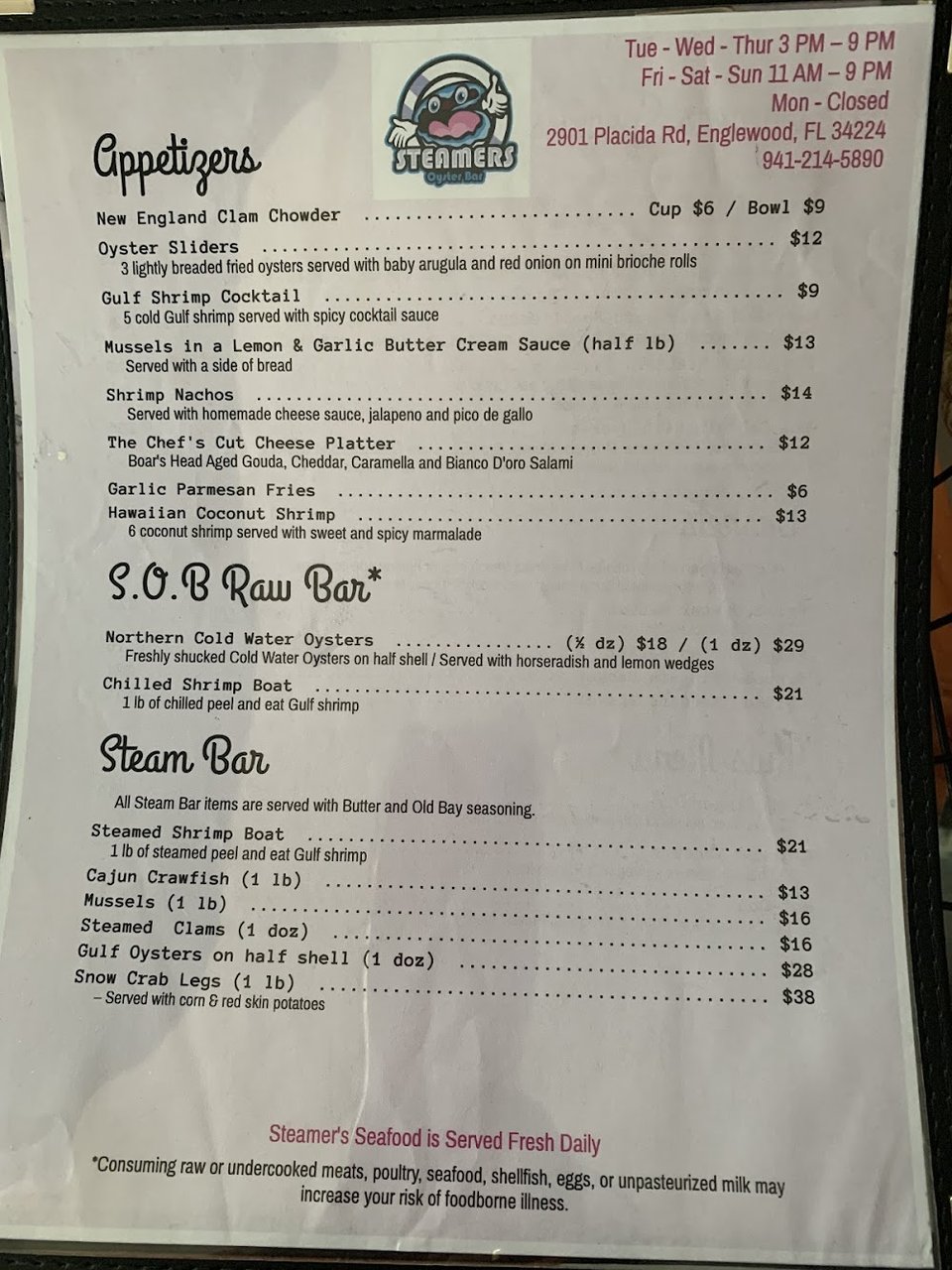 Simple menu layout for seafood dishes.
